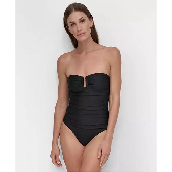 DKNY Shirred One-Piece Swimsuit Strapless BLACK LARGE - Picture 1 of 4